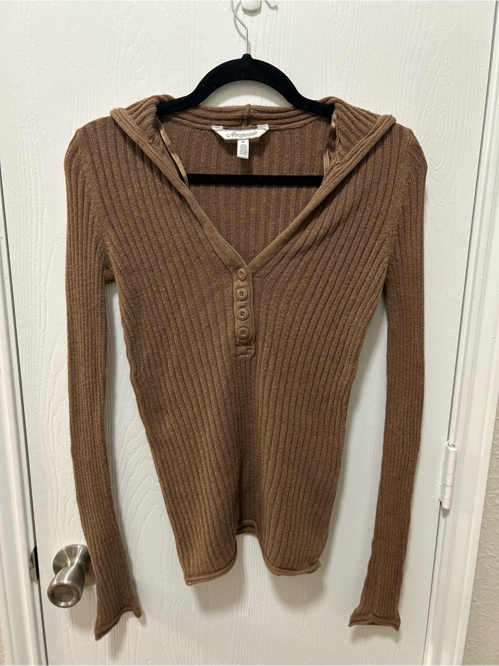 Aeropostale Vintage y2k brown Ribbed long sleeve Henley Hooded 100% Cotton Sz M